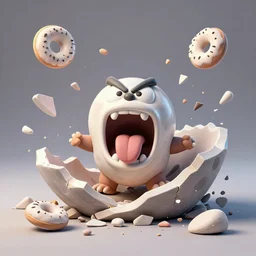 dissection of funny, angry screaming with tongue out ceramic exploding crash miniature toy resin Figure clay animal falling apart 8K, c4d, 3d primitives, in a Studio hollow, surrounded by flying parts, explosion drawing, by pixar, beeple, by jeff koons, blender donut tutorial, symmetry