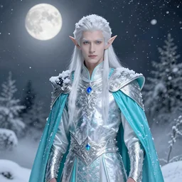 portrait of a handsome pointy - eared male snow elf in a turquoise cape and silver ornate armour, albino skin, androgynous face, mid - shot, moonlight snowing, ethereal opalescent mist, winter vibes, perfect face, elegant, very coherent symmetrical artwork, by greg rutkowski, alphonse mucha, charlie bowater, trending on artstation