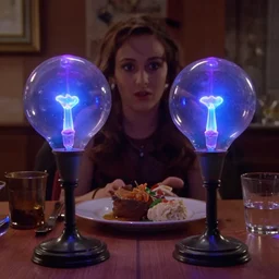 still frame from a live - action romantic comedy showing two anthropomorphic glass ball plasma lamps, both full of glowing blue and purple filaments, having an awkward dinner date