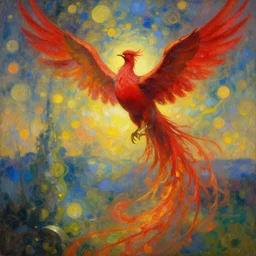 the solarpunk phoenix, red bird, regeneration, landscape, epic composition, 8 k, volumetric light, bokeh, painting by greg rutkowski by alphonse mucha
