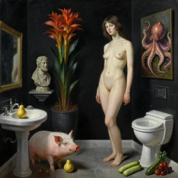 realistic painting of a luxurious female artist's bathroom, black dripping walls, tall emo girl, stone sculpture, a pig, a pear, paintings on black walls, pomegranate, bromeliads, tusks, octopus, courgettes, berries, zen, sensual, surrealist painting by magritte and rousseau