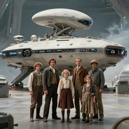 highly detailed, 256k film still from a sci fi blockbuster color movie made in 2022, set in 1860, of a family standing in front of a spaceship that has just landed on an alien planet, a humanoid alien creature stands nearby, the family are all wearing 1850s era clothes, cinematic lighting, human faces, extremely good lighting, winner of seven oscars