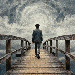 walking on an old wood bridge, 3 meters , swirly clouds in the background, art by James Jean and Wayne Barlowe and moebius, high details , contrasted colors, cinematic, cgsociety 8k