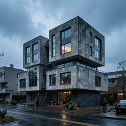 a wide angle exterior shot of a brutalist architecture house with rainy and moody cinematic lighting by darek zabrocki and greg ruthkowski, alphonse mucha, simon stalenhag and cinematic and blue cold atmospheric, architectural visualization, archiviz, archdaily, deezen, design milk, archillect concept art, artstation, trending on artstation