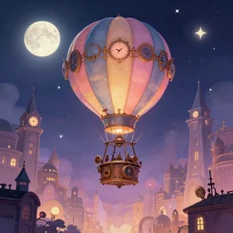 a beautiful stunning fantasy whimsical matte digital illustration of a scene of a steampunk hot - air balloon over a lit steampunk city at night by marc simonetti, pastel color palette, disney magic the gathering steampunk!!!, chiaroscuro magical! bokeh moon stars dramatic romantic! epic breathtaking, clock tower,, trending on artstation hq, masterpiece