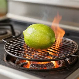 a lime being grilled on a stove top, fire, dslr