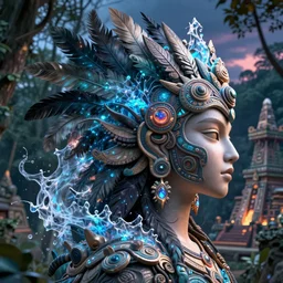 3 d goddess profile portrait. beautiful intricate highly detailed quetzalcoatl mask and feathers. elegant ahuizotl, atotolin, bioluminescent, plasma, lava, ice, water, wind, creature, volumetric lighting, twilight forest and mayan temple background, artwork by tooth wu and wlop and beeple and greg rutkowski, 8 k trending on artstation,