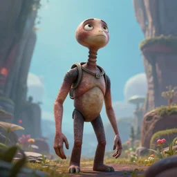 Tall humanoid radiating curiosity and caring, exploring and looking around in an alternate universe