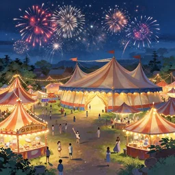 witchlight carnival, small town, amusement stalls, big top circus tent, summer festival night, fireworks, illustration, highly detailed, digital painting, concept art, matte, art by ruan jia and wlop and greg rutkowski and makoto shinkai, masterpiece
