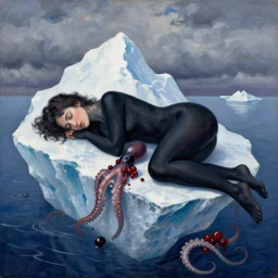 a female art student falling asleep, iceberg, black paint, sensual, cloudy, squashed berries, octopus, neo - impressionist, surrealism