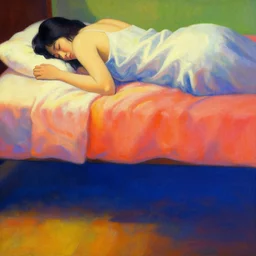 close - up of a woman sleeps from behind in levitation above her bed vibrant by akihiko yoshida and edward hopper