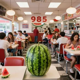 1 9 8 5 watermelon themed diner, very busy with full tables, fruitcore, watermeloncore, one point perspective, americana, restaurant interior photography, 5 5 mm