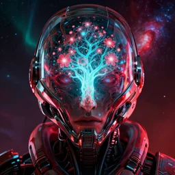 symmetrical extreme closeup portrait mass effect tron transhumance dissonance neon glowing matrix chrome robot reflection glass astronaut glowing fractal tree of life, flowers, weird, creepy, quiet, red color scheme, andromeda krogan nebula aurora, bioluminance alena aenami artworks in 4 k, moebius!! dan mumford, ralph mcquarrie