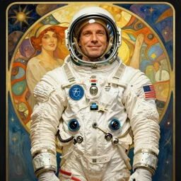 Full body portrait of cosmonaut yuri gagarin, style by Alphonse Mucha