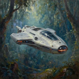 An oil painting of a futuristic spaceship in a fantasy forest by Rembrandt; beautiful!!!!!!!!!!