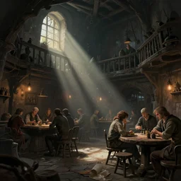 a medieval tavern, beautiful, detailed, dark, concept art illustration, color page, tone mapping, akihiko yoshida, james jean, andrei riabovitchev, marc simonetti, digital illustration, greg rutowski, volumetric lighting, sunbeams, particles