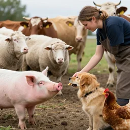 butcher giving food to a dog, while being watched by a pig, a sheep, a chicken and a cow