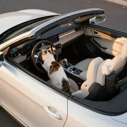 top view of cabriolet with open roof, cat sitting in driver seat with paws resting on steering wheel, golden hour