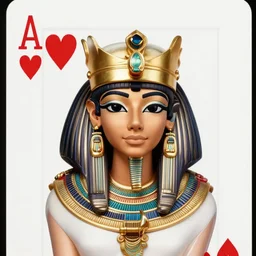 beautiful cute egyptian queen of hearts with golden crown, playing card, head shot, photorealistic, single person, portrait