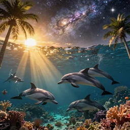 dolphins swimming underwater, golden hour, god rays, coral reef, dreamscape by artgerm and ruan jia and ismail inceoglu and greg olsen, cosmos, milky way galaxy, masterpiece, beautiful, intricate, elegant, highly detailed, palm trees