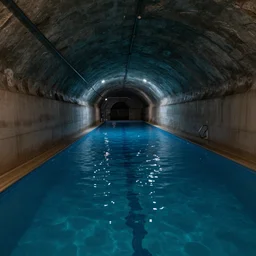 a long, dimly lit tunnel, filled with water like a swimming pool