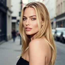 Beautiful Head and shoulders portrait of confident flirty margot robbie with straight long blonde hair, by Zoë Mozert , alberto Vargas, arney freytag, artstation, 35mm, fashion photoshoot, posing in an urban street, fashion pose, octane, 4k