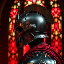 side - view portrait of a knight, kaldor helmet, skull - shaped visor, spike crown, gothic stained glass window, shiny red background, very masterful, backlit