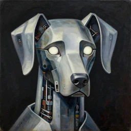 a portrait of cyber - dog of sci fi metallic human, bright eyes, melancholic complex geometric figure liminal machinery by oskar schlemmer, moebius, john berkey, film grain, oil on canvas, portrait facial head, featured on artstation, hd wallpaper, 8 k by yoji shinkawa
