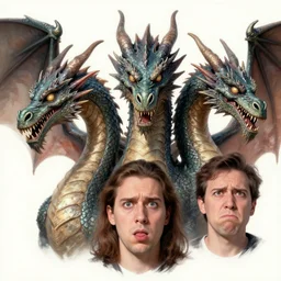 Realistic illustration of Three headed dragon with two menacing heads glancing sideways towards a head making stupid face