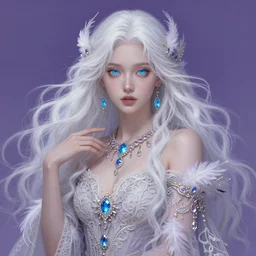 portrait of a woman with long white hair, dreamy and ethereal, large topaz-blue eyes, lacy ornate ritual gown, feather and crystal jewelry, intricate, elegant, whimsical pose suggesting magic, fantasy, lavender and tones, digital painting, highly detailed, artstation, concept art, smooth, sharp focus, by artgerm and greg rutkowski and alphonse mucha and bouguereau