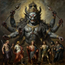 a beautiful cinematic masterpiece gothic headshot portrait of majestic colossal hindu demon god of death destruction and misery, by tim hildebrandt, by sandro botticelli, by caravaggio, by wayne barlowe, by bruce pennington, by greg rutkowski, oil on canvas, trending on artstation and pixiv, brilliant diffused studio lighting, sharp, hyper - detailed, cinematic composition, no frames, hd, 8 k