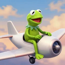 kermit the frog riding an airplane by beeple