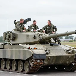 the crew of a British Challenger 2 main battle tank sitting on top of it chatting and having a meal, realistic
