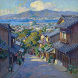 a beautiful japanese city near the sea, ryokans and edo era houses, cyberpunk, lofi vibe, oil painting in impressionist style, by monet, by makoto shinkai, multiple brush strokes, inspired by ghibli, masterpiece
