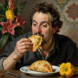a highly detailed oil painting by Caravaggio of Larry David eating an empanada, with aji amarillo and Amazonian flowers and patters in the background
