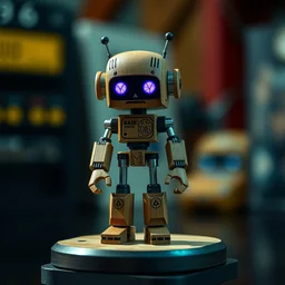 photo shot, ultra realistic 8 k octane sharp focus, wooden art toys on base cute robot mascot as a pop collectible figure cyberpunk, concept art, contemporary art gallery