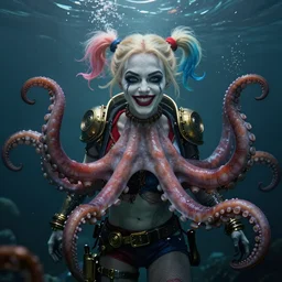 underwater steampunk portrait of emma stone as harley quinn, octopus, hyper detailed, digital art, cinematic lighting, studio quality, smooth render, unreal engine 5, octane rendered, art style by klimt and nixeu and ian sprigger and krenz cushart.