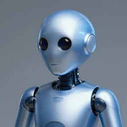 portrait of a smooth spherical android, blue and silver, sleek, inquisitive, art by artgerm and by david a hardy
