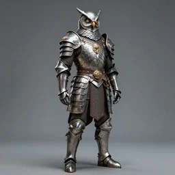 full length portrait photograph of a warrior with metal owl armour  Extremely detailed. 8k
