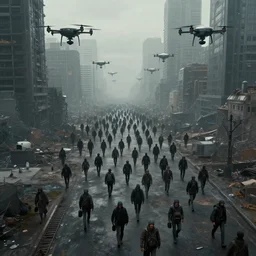 hordes of drone-like people aimlessly walking around a depressing dystopian cityscape , trending on artststion, hyper realistic, surreal, melancholic, 8k, upscaled