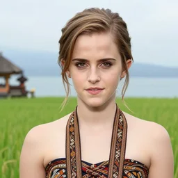 emma watson wearing batik bali in bali. temple lake rice field ocean. front view. instagram closeup holiday photo shoot, perfect faces, beautiful