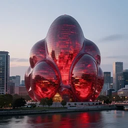 An epic architectural rendering of a blob shaped trypophobia house with a mysterious red glow emitting from inside in a modern cityscape next to a river, by Zaha Hadid and Greg Rutkowski, tunning, gorgeous, golden ratio, photorealistic, featured on artstation, 4k resolution