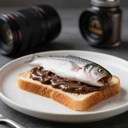 toast with nutella and a entire raw fish, food photography, 5 0 mm f / 1. 6, bokeh, sigma lens, elegant