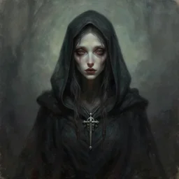 a portrait painting of a hooded creature with a necklace by greg rutkowski and artgerm, concept art, fantasy art, wiccan, lovecraftian, mystical trending on cgsociety, trending on artstation