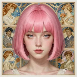 portrait of pink short haired half elf with bangs, intricate, elegant, highly detailed, my rendition, digital painting, artstation, concept art, smooth, sharp focus, illustration, art by artgerm and greg rutkowski and alphonse mucha and uang guangjian and gil elvgren and sachin teng and wlop, symmetry!!