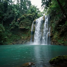 beautiful stunning calm rainforest landscape with lake and waterfall, filmic color, 4k hdr, digital art