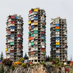 three large brutalist towers, made up of stacked squatter shacks and makeshift shelters with bright colours, surrounded by scattered unusual - looking vegetation, suspending over a cliff, phase one, uniform plain sky, fine details, photographed by frans lanting