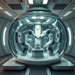 futuristic enclosed medical pod ( glass tank ) contains multiple robotic arms doing precision work inside, a single large glass chamber contains multiple automatic manipulators, highly integrated futuristic automatic medical care unit in a cyberpunk hospital lab, 3 d bioprinter, mri, cnc, kuka, festo, surgical robot, hyperdetailed scifi concept art, artstation, hdr, rtx, by caravaggio, cgsociety