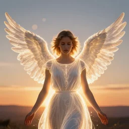 centered  waist up portrait photography an angel + glowing outlines, dissolve to energy particles of light + bokeh + strong DOF + 8k, photorealistic + composition by Peter Mohrbacher + line work by Dan Mumford , ultra realistic + backlit + strong rimlight, sunset + HDRI, HD, Photoreal