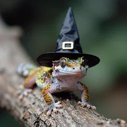 1980s 35 mm depth of field photo of a gecko wearing a wizard hat